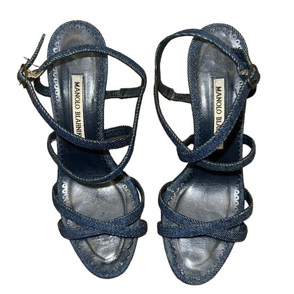 Manolo Blahnik Denim Crossover Heels - Picture 1 of 11